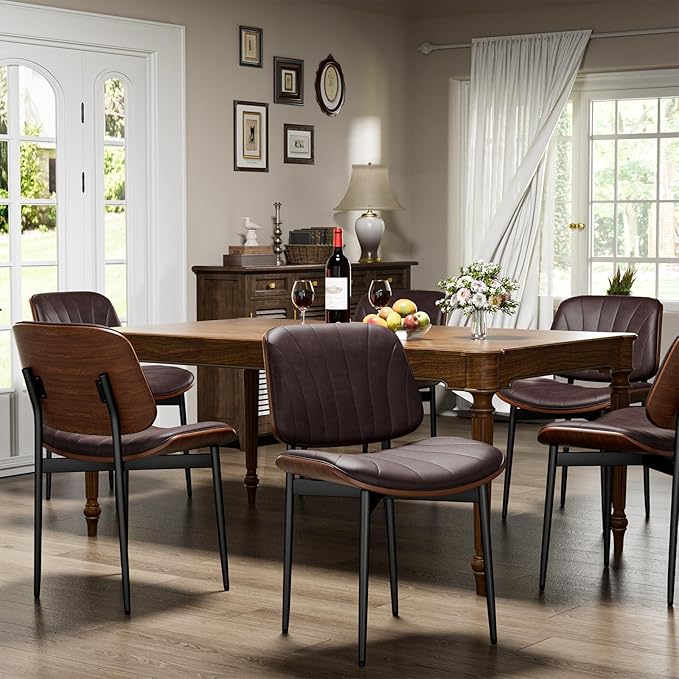YaFiti Dining Chairs Set of 6, Dining Room and Kitchen Chairs, Mid Century Modern Accent Chair, Upholstered PU Leather Chairs for Vanity with Walnut Bentwood and Metal Legs, Brown