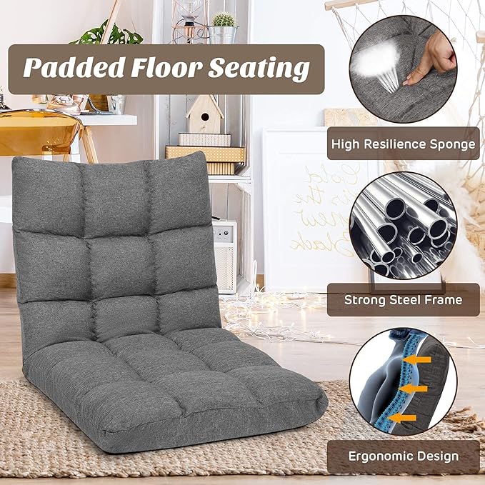 Giantex Adjustable Floor Gaming Sofa Chair 14-Position Cushioned Folding Lazy Recliner High Resilience Sponge, Breathable Cotton & Linen Fabric Sleeper Bed Couch Recliner with Removable Cover (Gray)