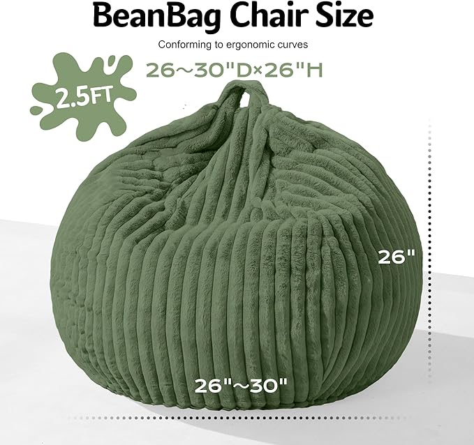 Homguava 2FT Bean Bag Chair, 2' Small Bean Bags with Memory Foam Filled, Beanbag Chairs with Machine Washable Cover Dutch Corded Plush Cover for Classroom,Living Room,Bedroom-Green