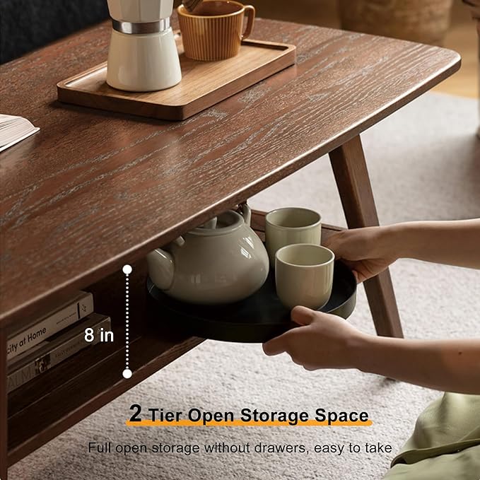QKFF Modern Solid Wood Coffee Table, 2-Tier Small Wooden Coffee Table with Storage Shelf for Living Room, Apartment, Office, Walnut (32''D x 20''W x 18''H)