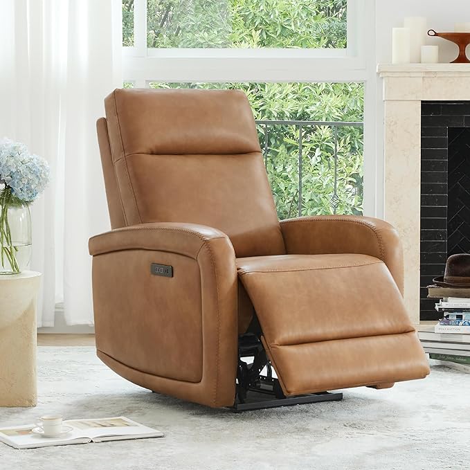 Watson & Whitely Power Recliner Chairs for Adults, Zero Wall Recliners W Power Headrest Type-C Charger, Small Faux Leather Home Theater Seating for Living Room & RV, Cognac Brown