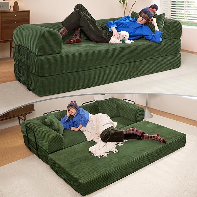 79" Convertible Sofa Bed, Boneless Corduroy Sleeper Foldable Modular Couch, Memory Foam Compressed Sofa in A Box, Folding Mattress Floor Couch for Small Space Living Room Apartment Bedroom, Green