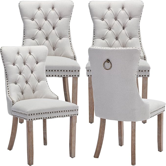 YeahFurn Beige Mid Century Modern Dining Chairs Set of 4, Linen Upholstered Kitchen & Dining Room Chairs with Nailhead Trim & Solid Wood Legs, Elegant Sillas De Comedor (Beige, 4 Pcs)