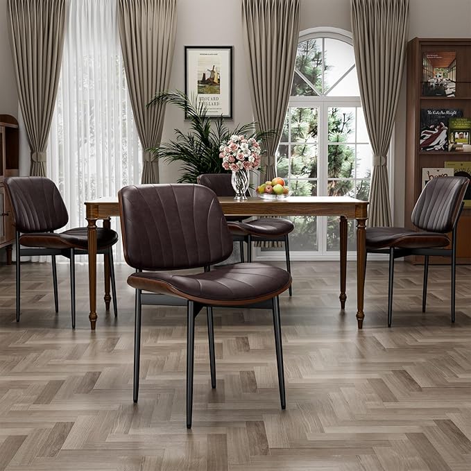 YaFiti Dining Chairs Set of 2, Dining Room and Kitchen Chairs, Mid Century Modern Accent Chair, Upholstered PU Leather Chairs for Vanity with Walnut Bentwood and Metal Legs, Brown
