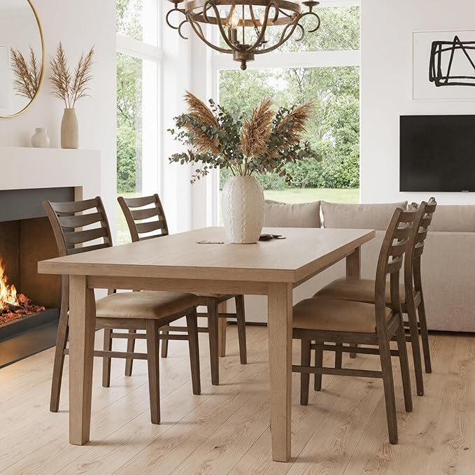 HNY Modern Farmhouse Dining Chairs Set of 6, Brown Leather Upholstered Seat Kitchen Chairs, Rustic Industrial Armless Side Chairs with Walnut Wooden Frame for Dining Living Room Restaurant