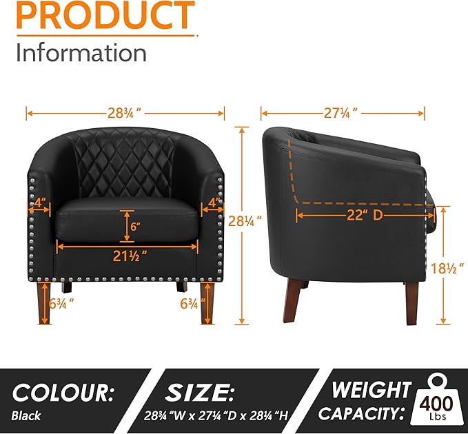 PrimeZone Barrel Chair, Comfy Accent Chair, Faux Leather Living Room Chairs Club Chairs with Cushion, Nailhead Trim and Diamond Mesh Backrest, Reading Chairs for Bedroom Waiting Room, 4PCS, Black