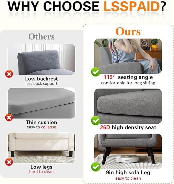 LSSPAID Modern Accent Chairs, Upholstered Fabric Cozy Armchairs, Living Room Side Chair with Solid Wood Legs, Gray
