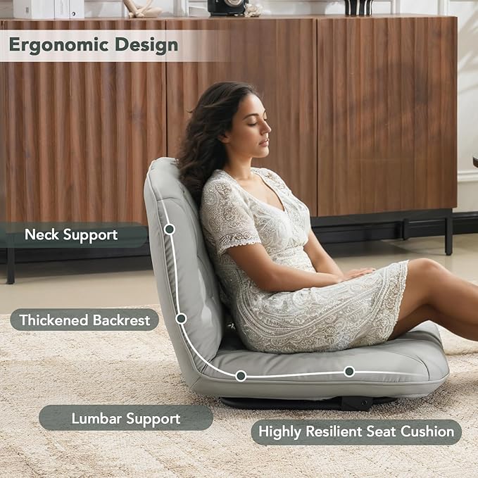 Furniliving 3 in 1 Folding Chair Foldable Floor Chair for Reading, Lounging & Gaming, Portable Camping Chair with Metal Frame Comfy Accent Chair Reading Chair for Indoor, Living Room, PU (Grey)