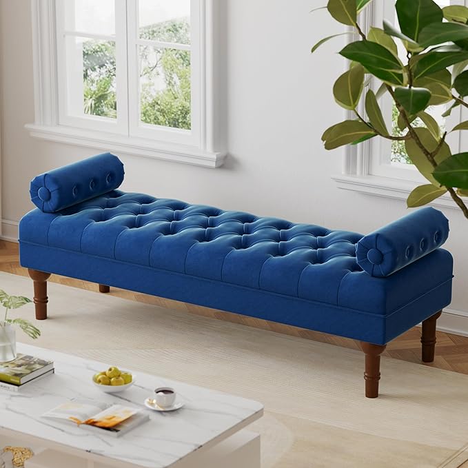 60.2" End of Bed Bench,Large Size Velvet Bench for Bedroom,Upholstered Window Bench with Button-Tufted,Entryway Bench,Storage Bench for Living Room(Blue)
