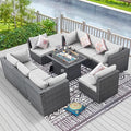 RADIATA 9 Piece Wicker Patio Furniture Set with Fire Pit, All-Weather Outdoor Sectional Couch High Back Large Size, Modular Backyard Seating Sofa Set with Propane/Natural Gas Firepit Table, Light Grey