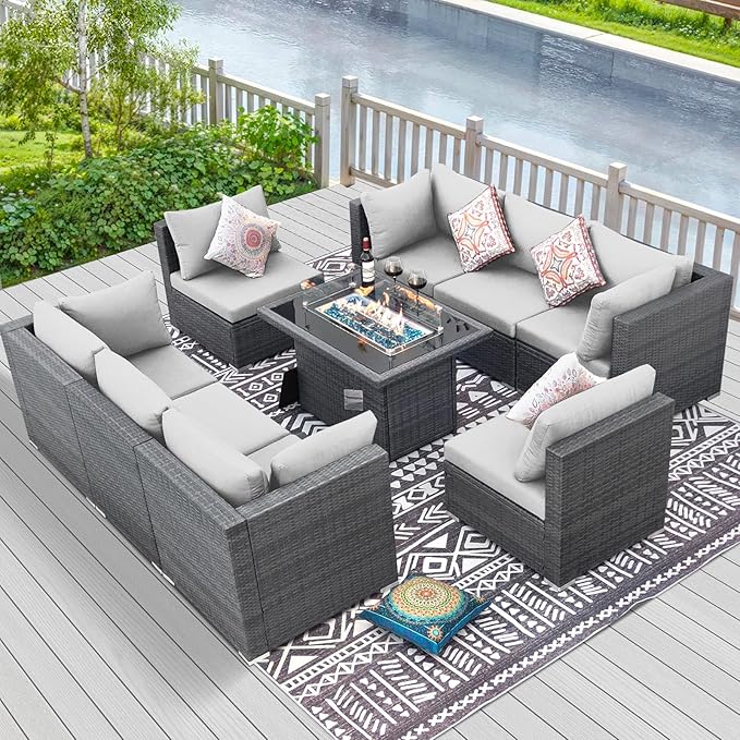 RADIATA 9 Piece Wicker Patio Furniture Set with Fire Pit, All-Weather Outdoor Sectional Couch High Back Large Size, Modular Backyard Seating Sofa Set with Propane/Natural Gas Firepit Table, Light Grey