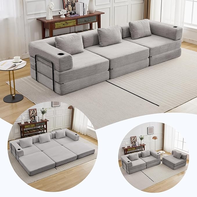 118" Oversized Convertible Sofa Bed, Modular Sectional Sofa with Cup Holder, Boneless Cloud Couch with Pillow Back & Armrest, Fold Out Floor Sofa for Living Room Bedroom Lounge, Corduroy, Light Grey