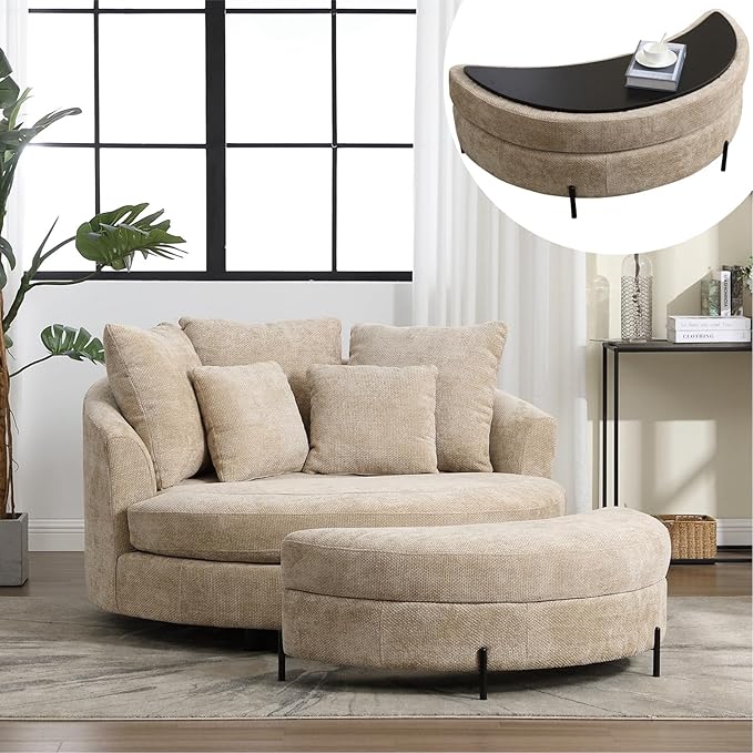 Chifee & Vingol 59.8" W Oversized Accent Barrel Chair Large Round Chair with Ottoman & Movable Wheels,Wheat