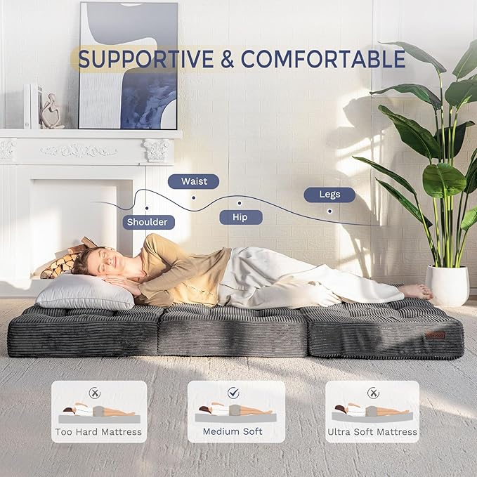 MAXYOYO Tri-Fold Mattress, 6 Inch Tufted Folding Futon Foam Bed, Foldable Floor Mattress Guest Bed Futon Topper Portable Camping Sleeping with Corded Fabric, Dark Grey, 35.4"x75"