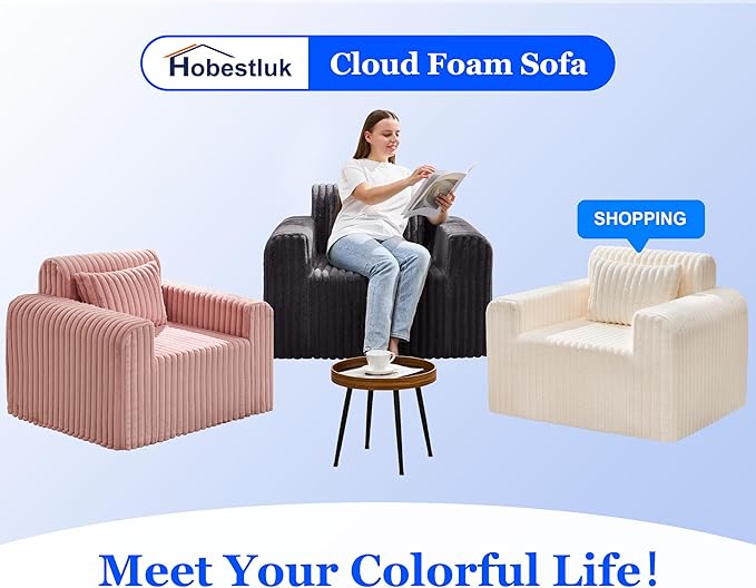 Hobestluk Single Sofa Foam Couch Sofa for Small Spaces Comfy Sofas with Removable Cover Furry Couch with Pillows for Living Room, Bedroom, Apartment, Office (Dark Grey, Standard)