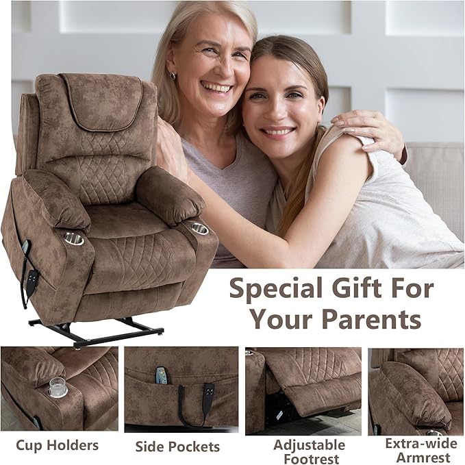 Oversized Power Lift Recliner Chair for Big and Tall, 25" Large Electirc Recliner Chair with Massage and Heating, Dual Motor Zero Gravity Recliner Sofa, Velvet, Brown