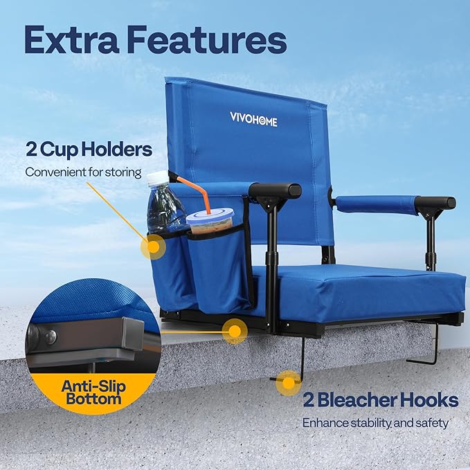 VIVOHOME Stadium Seats with Back Support and Cushion, 2 Pack Portable Bleacher Chairs with Cup Holder and Shoulder Strap