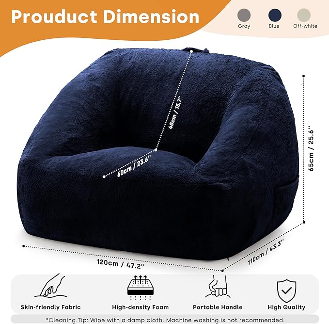 COSIEST Bean Bag Chair, Big Comfy Couch with Armrests, Furry Beanbag Chair with Foam Filler for Adults & Kids, Stuffed Accent Sofa for Reading, Lounge Floor Sofa for Living Room, Bedroom, Blue