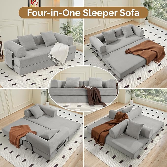 Convertible Corduroy Sleeper Sofa Bed with Cylindrical Pillows, Convertible Mattress Sofa with Fixed Shape Frame, Living Room Bedroom Lounge Studio Use Floor Sofa Lounge,Grey