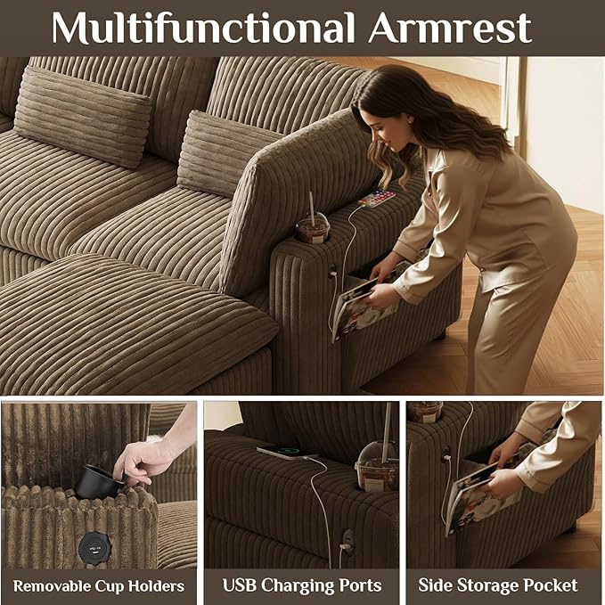 130" W x 67" D U Shape Sectional Sofa with USB Charging & Cup Holder & Storage, 6 Seater Plush Corduroy Couches with Movable Ottoman, Cloud Couch Sofas for Living Room, DIY Combination - Camel