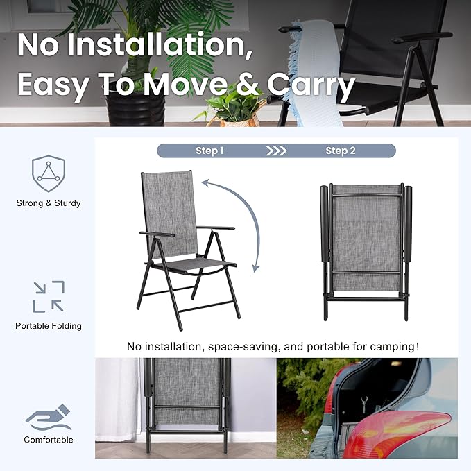 PHI VILLA Outdoor Patio Folding Chairs Set of 6, Portable Patio Dining Chairs with Adjustable Backrest for Outside, Garden, Lawn & Yard, No Assembly, Grey