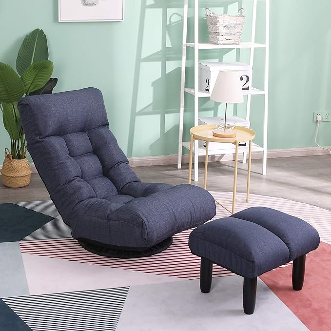 Swivel Floor Lounger with Ottoman, Comfy Reclining Lazy Floor Chair with Back Support for Adults Bedroom, Gaming & Small Living Spaces