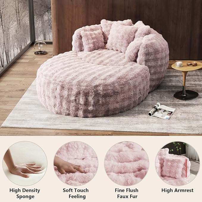 Oversized Chaise Lounge Chair Indoor with Ottoman 55" W x 75" L Round Reading Chair Plush Faux Fur Corduroy Cloud Circle Boneless Chair with 5 Pillows for Living Room - Pink