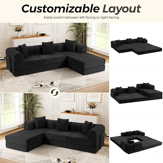 106.3" Oversized Convertible Sleeper Sofa Bed, L Shape Modular Sectional Cloud Sofa with Fixed-Shape Frame, Boneless Couch with Storage Pocket for Living Room, No Assembly Required, Black
