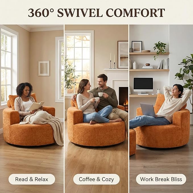 Furnimart 40" Oversized Barrel Accent Chair Set of 2, 360° Swivel Round Upholstered Sofa, Chenille High-Resilience Sponge, No Assembly, Wide Seat for Living Room, Bedroom, Apartment (Orange)