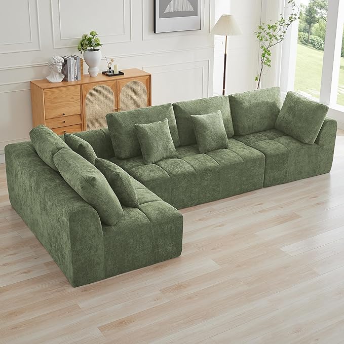 140''Modular Sectional Couches for Living Room, Cloud Boneless Compressed Sectional Sofa, Oversized L Shaped 5 Seater Upholstered Memory Foam Sofa, No Assembly, Chenille Green