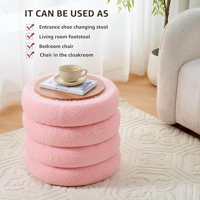 Wimarsbon Round Storage Ottoman, Modern Sherpa Footstool, Teddy Vanity Stool with Flip-Top Tray, Makeup Chair for Home Decor, Upholstered Footrest for Living Room & Bedroom (Pink L)