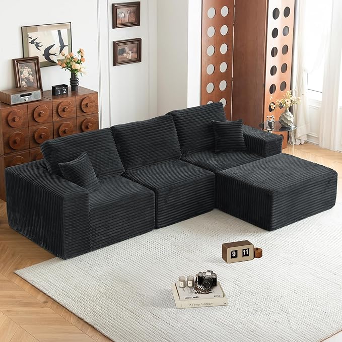 MODNEST 108" Modular Sectional Sofa Cloud Couch with Deep Seats, L Shape Couch with Chaise and Movable Ottoman, Sectional Couches for Living Room, Comfy Boneless Couches No Assembly Required, Grey