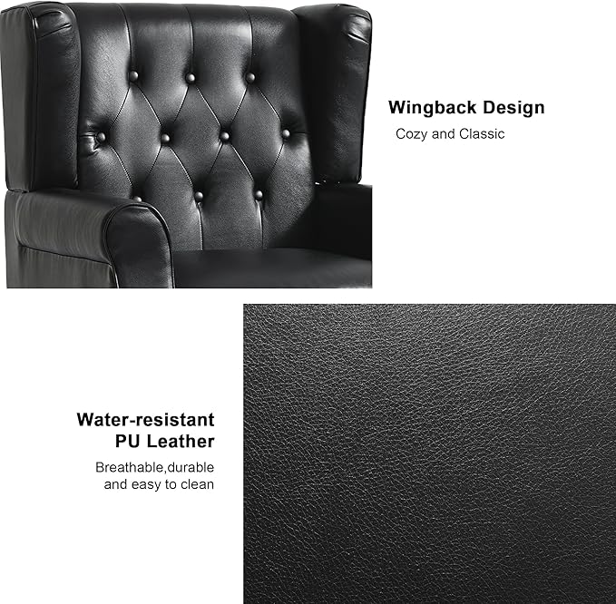 DREAMSIDEA Accent Chair, Upholstered Armchair with Button Tufted High Back & Solid Wood Legs, Comfy Wingback Reading Single Sofa Chair for Small Spaces, Living Room, Bedroom (Leather Black, Set of 1)