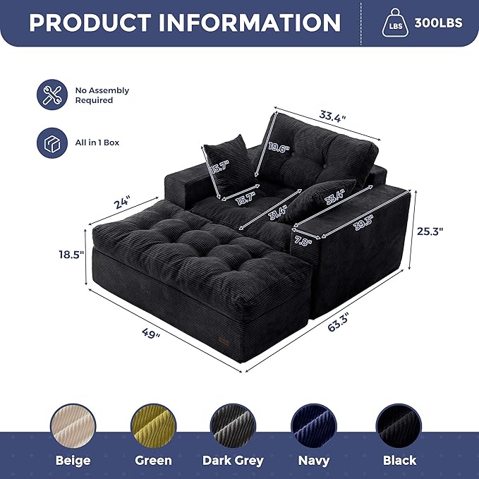 MAXYOYO Oversized Chaise Lounge Sofa, Upholstered Lounge Chair with 3 Pillows, Tufted Boneless Sofa Couch with Ottoman, Deep Seat Sleeper Chair for Living Room, Bedroom, No Assembly, Black