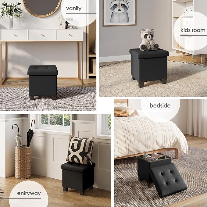 Storage Ottoman Cube with Small Bin, 16-in Square Ottoman with Storage for Living Room and Bedroom, Small Ottomans Foot Rest, Faux Leather Foot Stools Ottomans Max 330lbs, Black