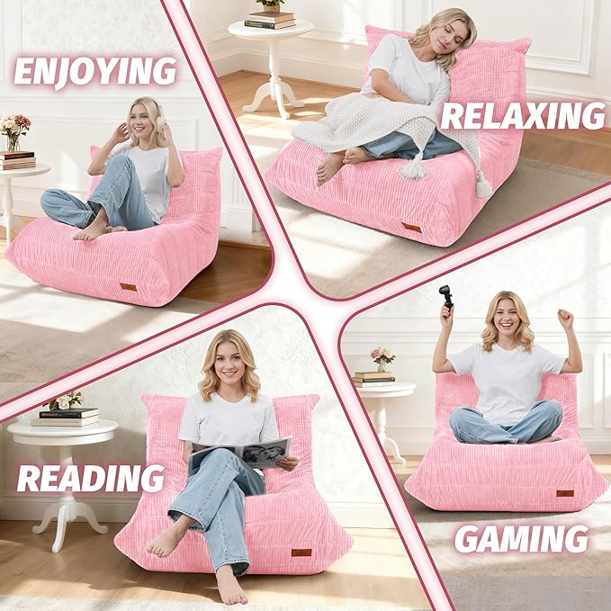 Bean Bag Chair,Giant Beanbag Chairs for Adults,Comfy Large Fireside Chair Lazy Sofa,Corduroy Bean Bag Lounger with Memory Foam Filled,Floor Sofa Couch for Home,Dorm,Living Room (Pink)
