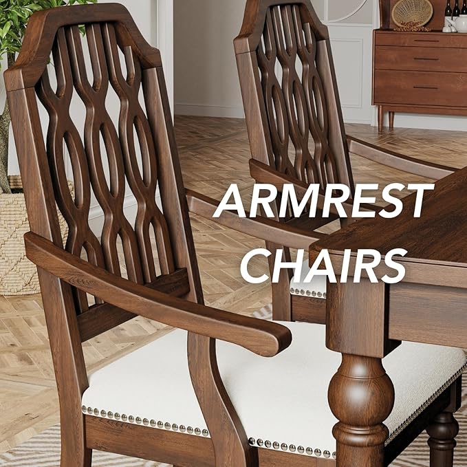 chairus Farmhouse Dining Chairs Set of 4, French Country Vintage Wooden Dining Room Chairs with Arm, Lattice Back & Turned Legs, Rustic Chenille Upholstered Nailhead Trim Kitchen Chairs, Walnut Brown