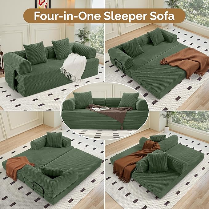 Convertible Coarser Corduroy Sleeper Sofa Bed with Cylindrical Pillow, Folding Mattress Couch with Fixed-Shape Frame, Floor Sofa Lounge Couch for Living Room Bedroom Lounge Studio, Green