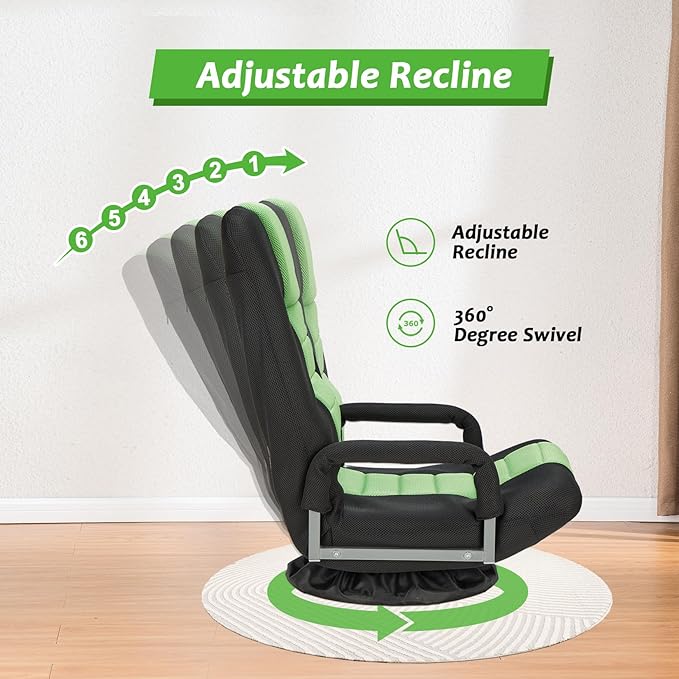 360° Swivel Chair 6 Adjustable Positions Backrest with Armrest Foldable Floor Chairs Suitable for Reading, Relaxing, Mediation,Green