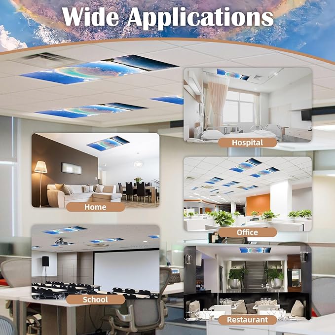 8 Pcs Fluorescent Light Covers - 4 x 2 Feet Covers for Ceiling Lights, Magnetic Light Filters for Classroom, Office, Hospitals, Home (Blue Sky - Rainbow)