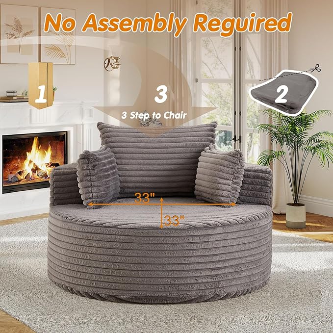50"W Oversized Round Chaise Lounge Chair Indoor, Upholstered Corduroy Deep Seat Cloud Circle Sofa Chair, Modern Fluffy Comfy Floor Reading Armchair for Living Room, Bedroom, No Assembly Required, Grey
