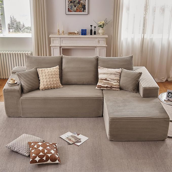 107" Cloud Sectional Couch with L-Shape Chaise, Modern Modular Comfy Sofa Chaise Longue, Upholstered Corduroy Couches Sleeper with Deep Seat for Living Room Bedroom, No Assembly Required, Camel