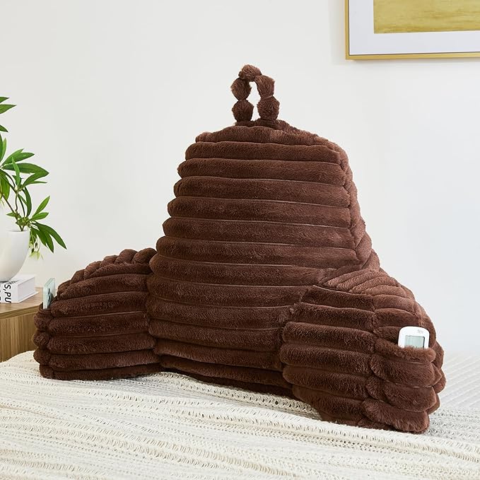 WERDIM Reading Pillow for Sitting in Bed, Faux Fur Back Pillow for Rest, Bed Chair Pillow with Arms and Pockets(XLarge, Coffee)