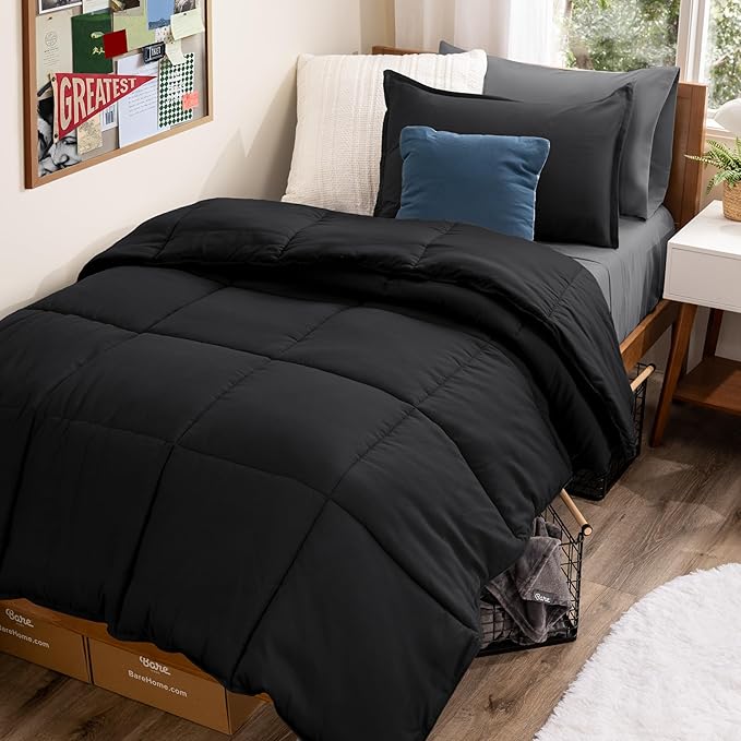 Bare Home Bed-in-A-Bag 5 Piece Comforter & Sheet Set - Twin - Goose Down Alternative - Ultra-Soft 1800 Premium Bed Set (Twin, Black/Grey)