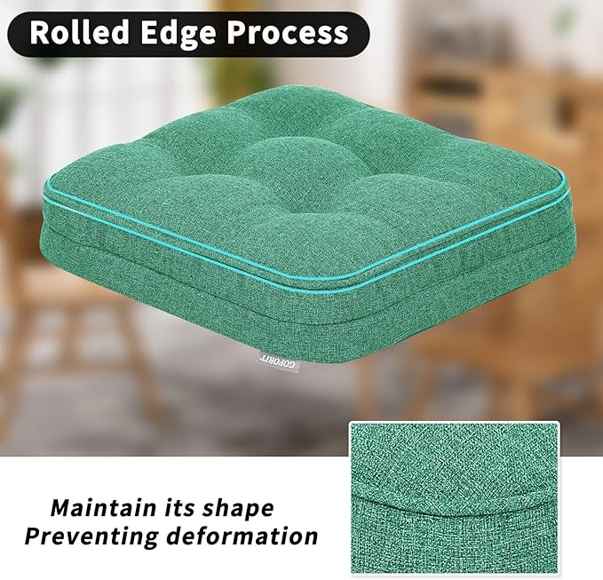GOFORIT Memory Foam Cushion，Square Seat Cushions for Dining Chairs,Non-Slip Chair Pads with Removable Cover, 16'' x 16'', 2 Pack,Green