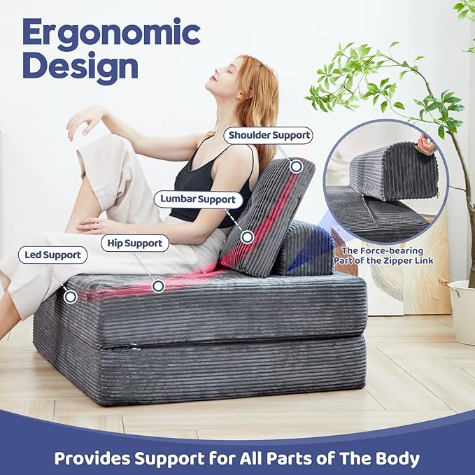 Floor Sofa Bed,Convertible Sleeper Chair with High-Density Support Foam,Portable 3 in 1 Fold Out Chair to Floor Lounger,Perfect for Living Room、 Bedroom 、 Apartment,Twin Size,Dark Gray