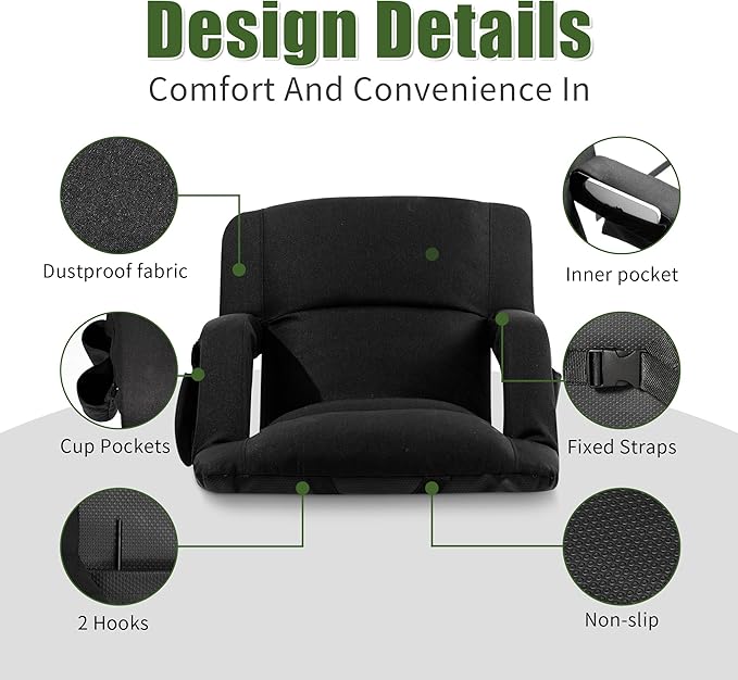 Extra Wide Bleacher Chairs with Back and Cushion Folding Stadium Chairs, Sofa Style Design ，6 Reclining Positions Waterproof Bleacher Seats (2, Black, Wide-26in)