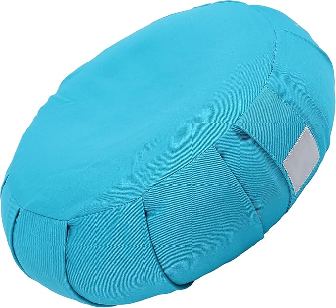 Ymiko Buckwheat Hull Meditation Pillow with Cotton Cover, Yoga Sitting Cushion for Floor Use, Kneeling Support with Carry Handle (Blue)