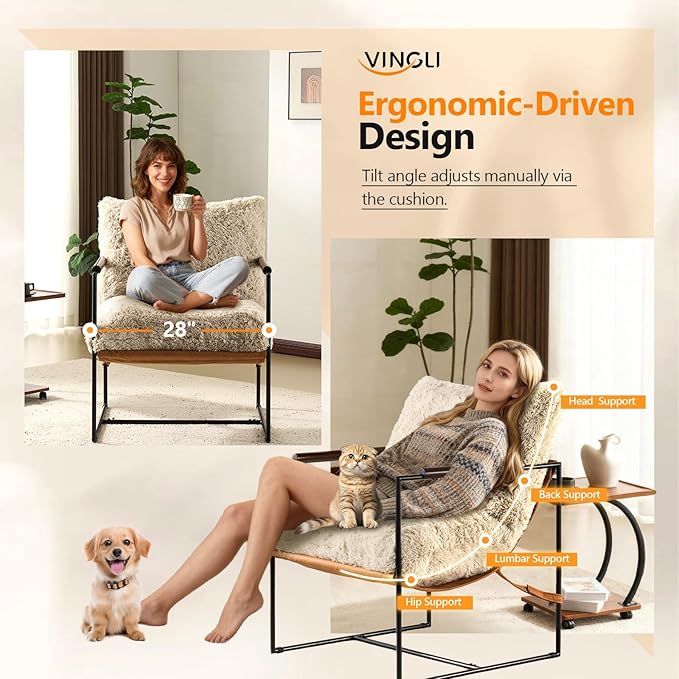 VINGLI 28" Wide Plush Upholstery Sling Modern Accent Chair with Metal Frame, Cute Reading Armchair with Removable Seat Cushion & Tan Microfiber Seat Base, Lazy Chair for Bedroom & Lounge, Beige