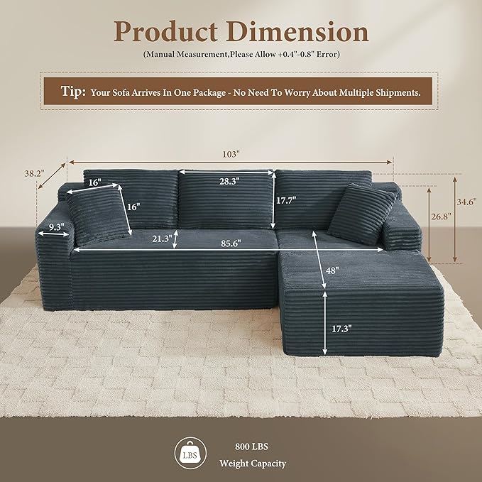 105" Sectional Couches for Living Room Cloud Couch Sofa with L-Shape Upholstered Boneless Couchs Modern Modular Sectional Couch with Chaise (Dark Grey, 105" W+Right Facing Chaise+2Seaters)